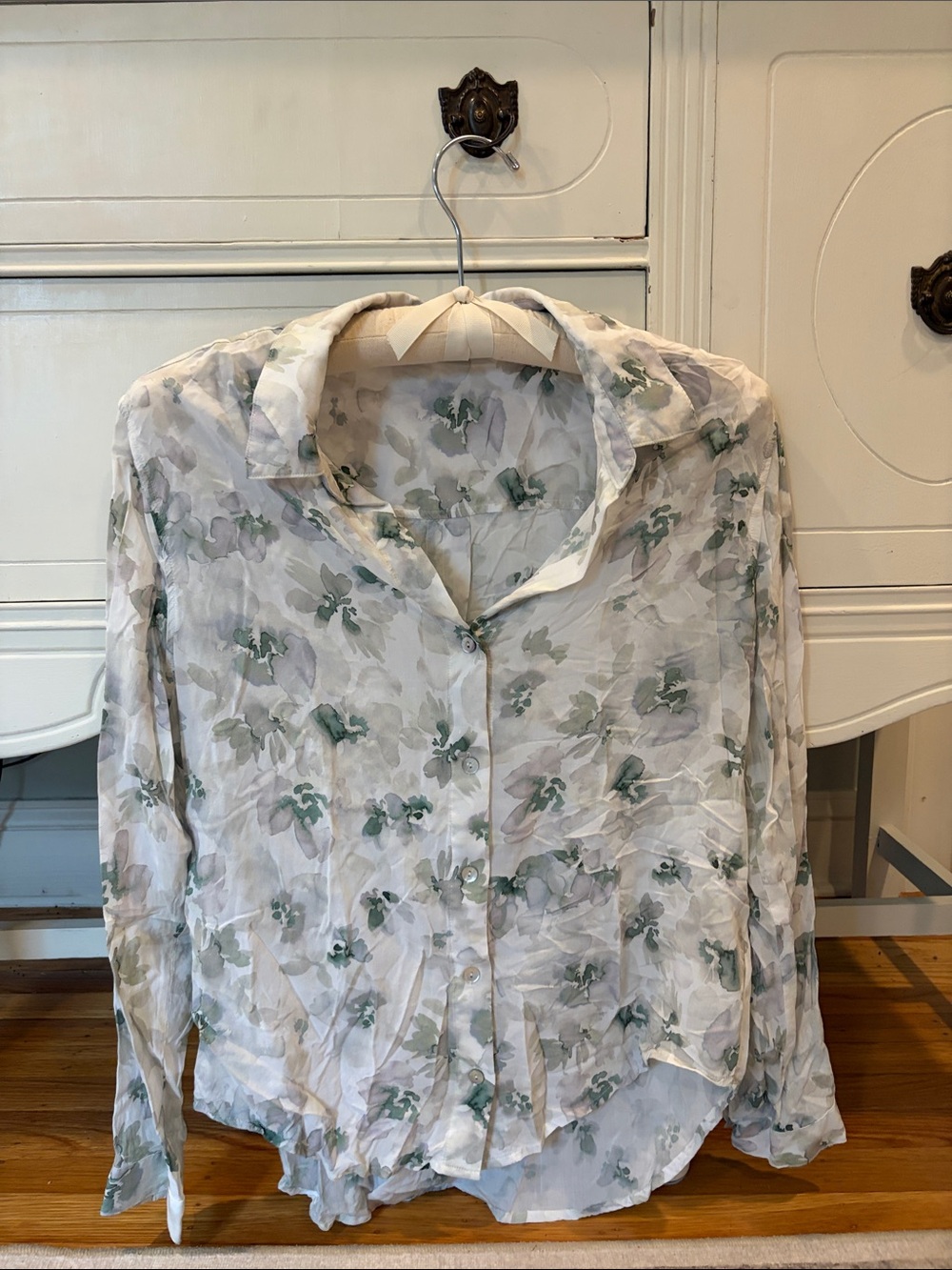 cloth & stone White Sheer Button-Down with Green Floral Print, Anthropologie